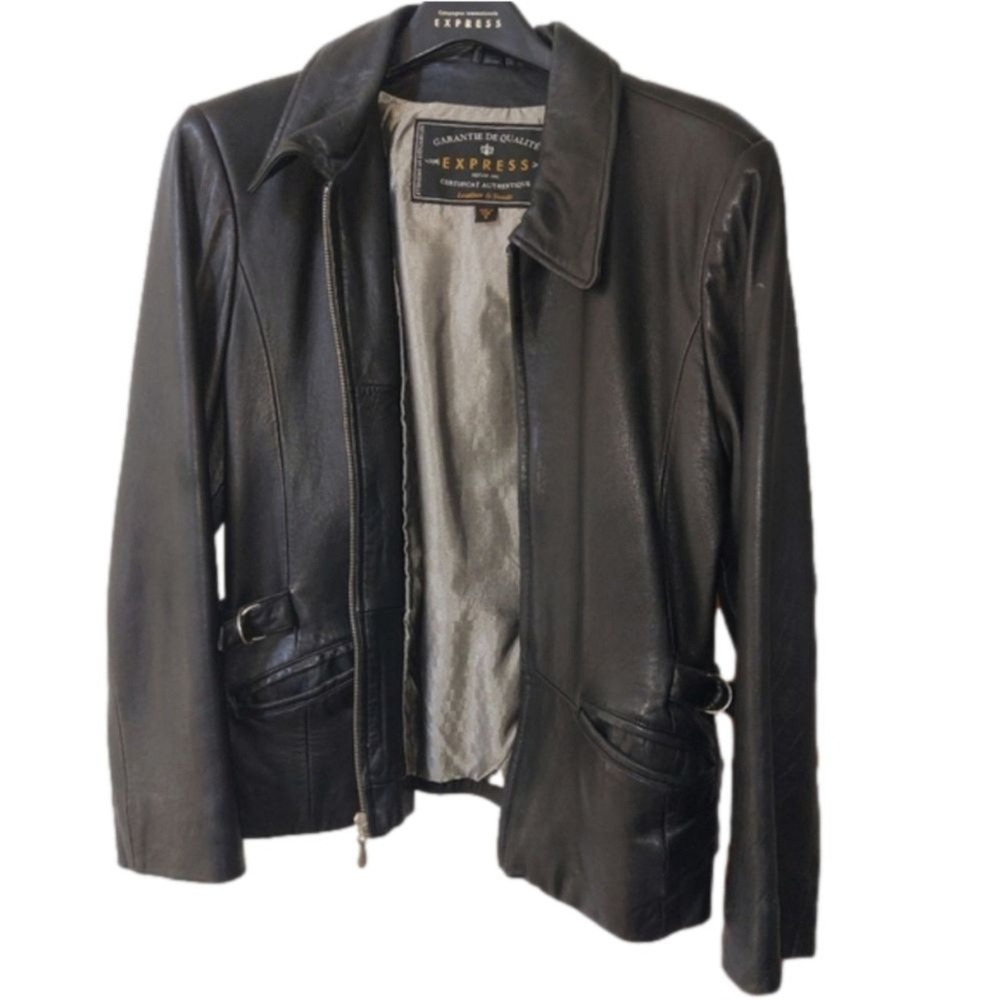Express Black Leather Jacket Womens Vintage Collared Full Zip Buckle Detail EUC
